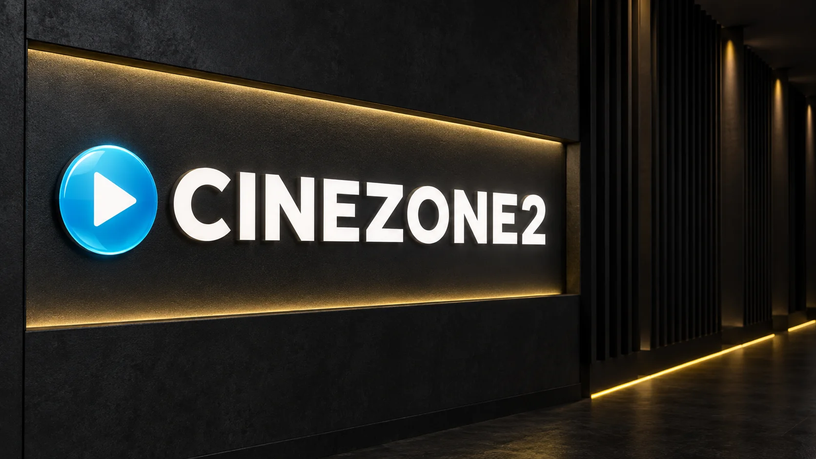 Cinezone2 white wordmark and blue play symbol on a charcoal cinema wall with yellow lighting